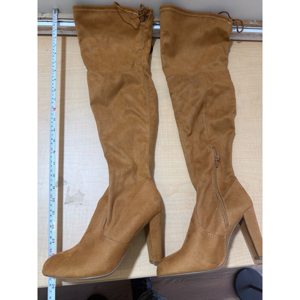 Tan Faux Suede Over The Knee Block Heel Boots Pointed Toe Cognac Size 7.5